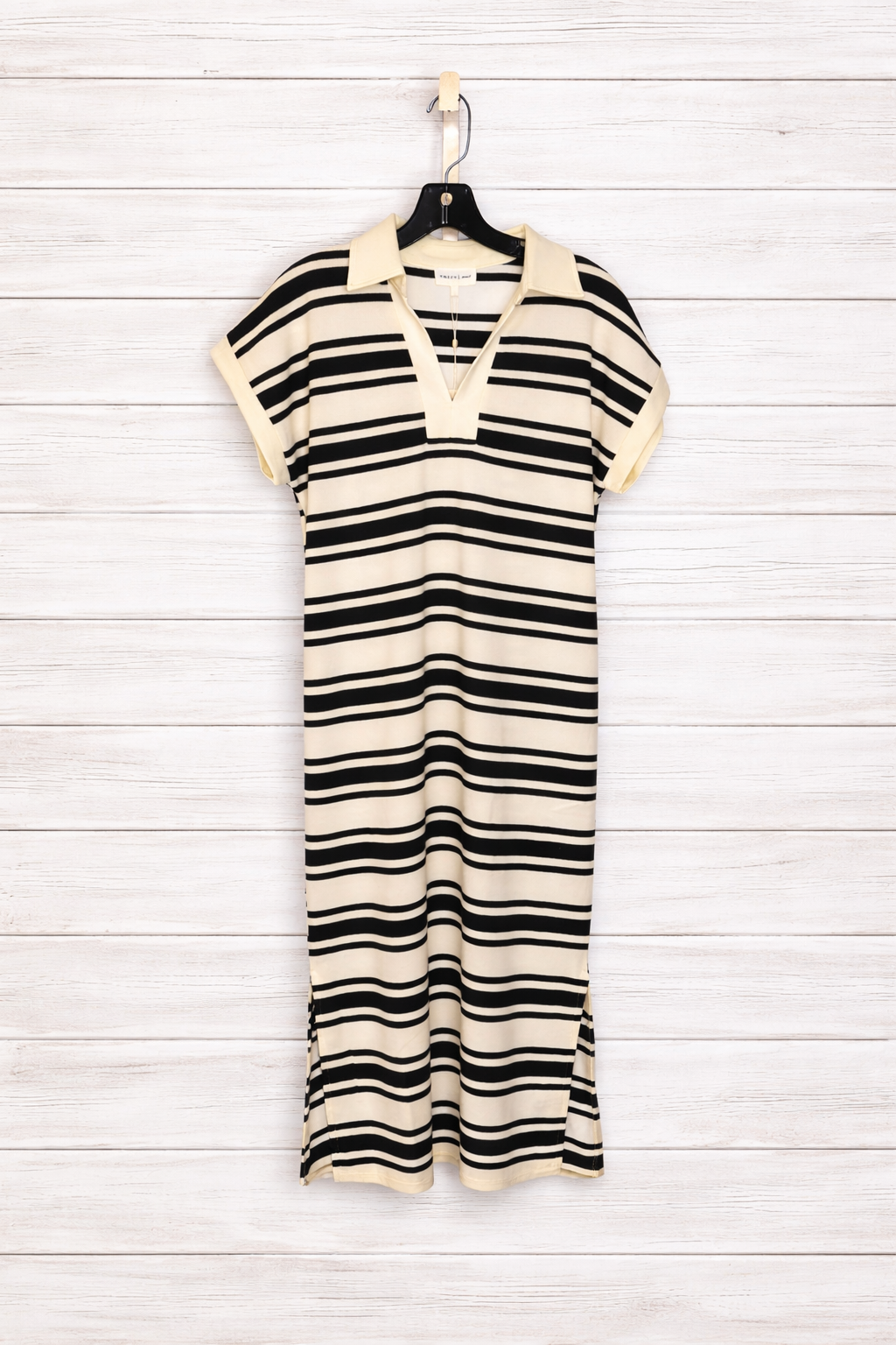 D30284 COLLARED V-NECK MIDI STRIPPED DRESS