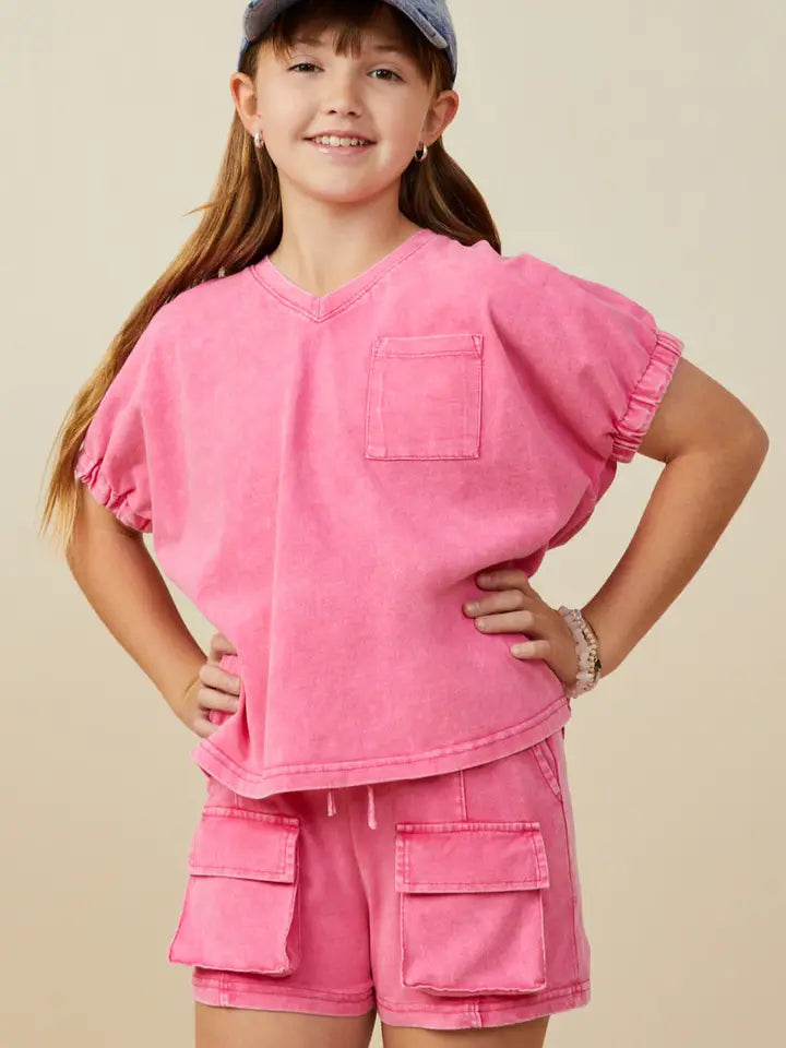 Girls Garment Washed V Neck Elastic Sleeve T Shirt