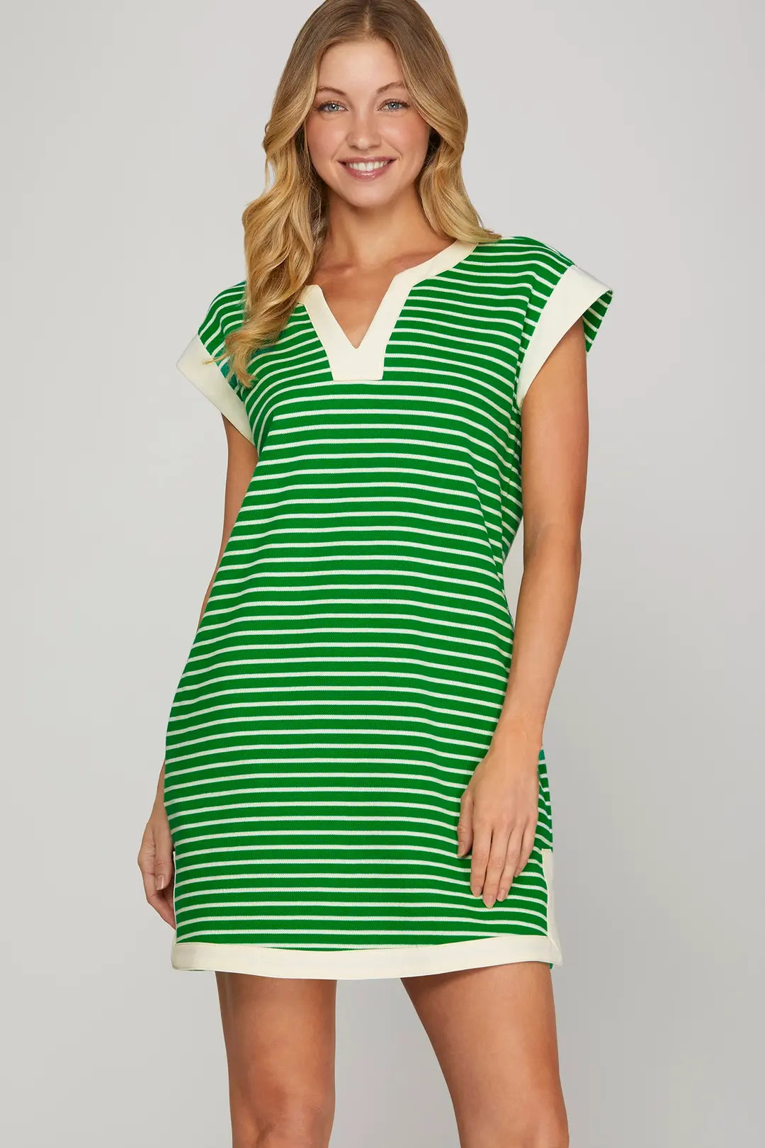 SY8141 CONTRAST BAND POCKET STRIPED DRESS