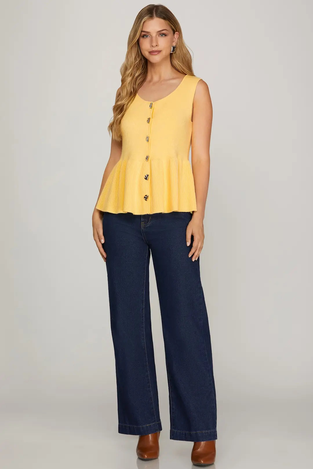 SY9710 BUTTON DOWN PEPLUM KNIT SWEATER TOP