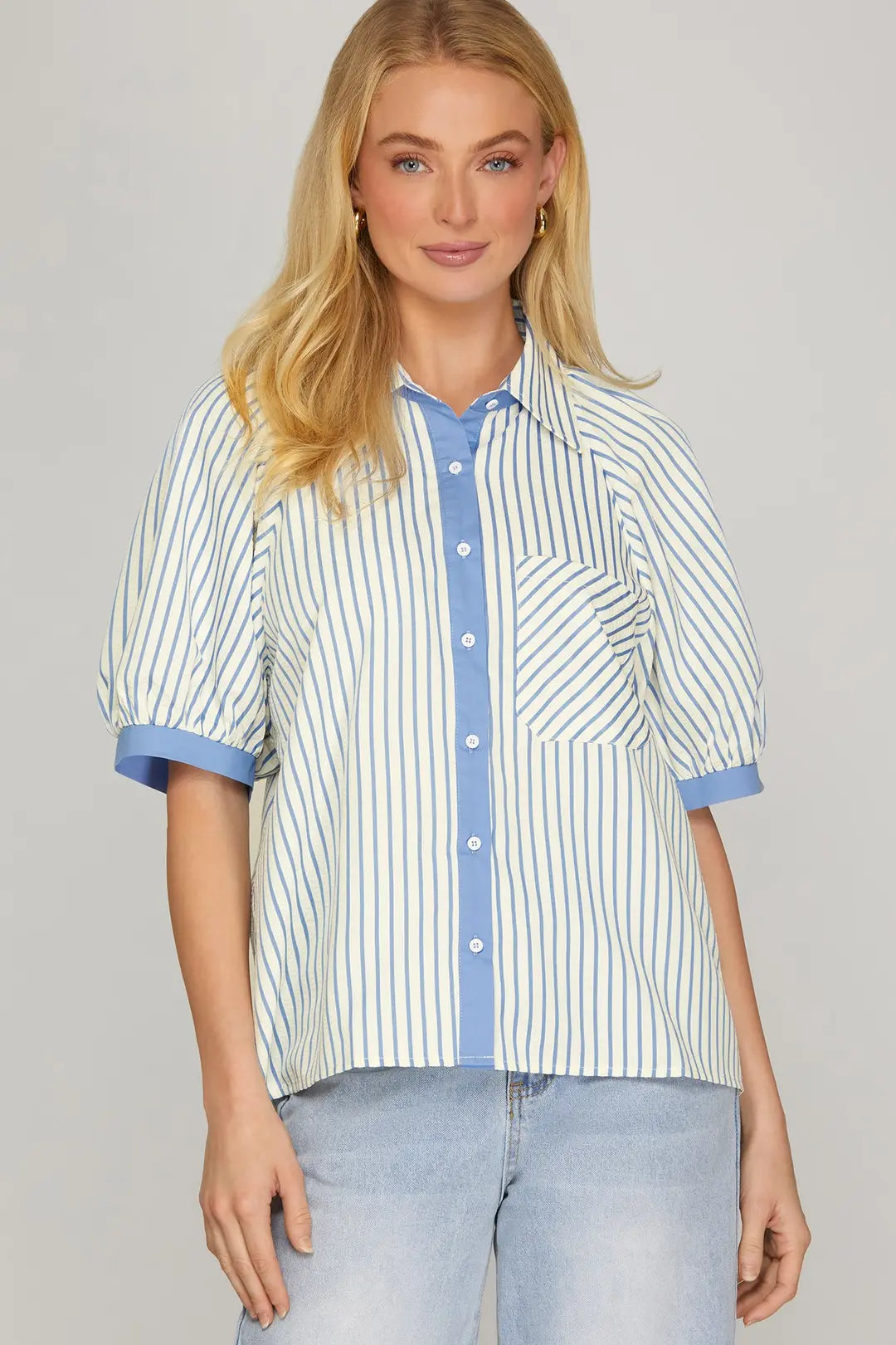 SY9969 SHORT SLEEVE BUTTON DOWN STRIPED TOP
