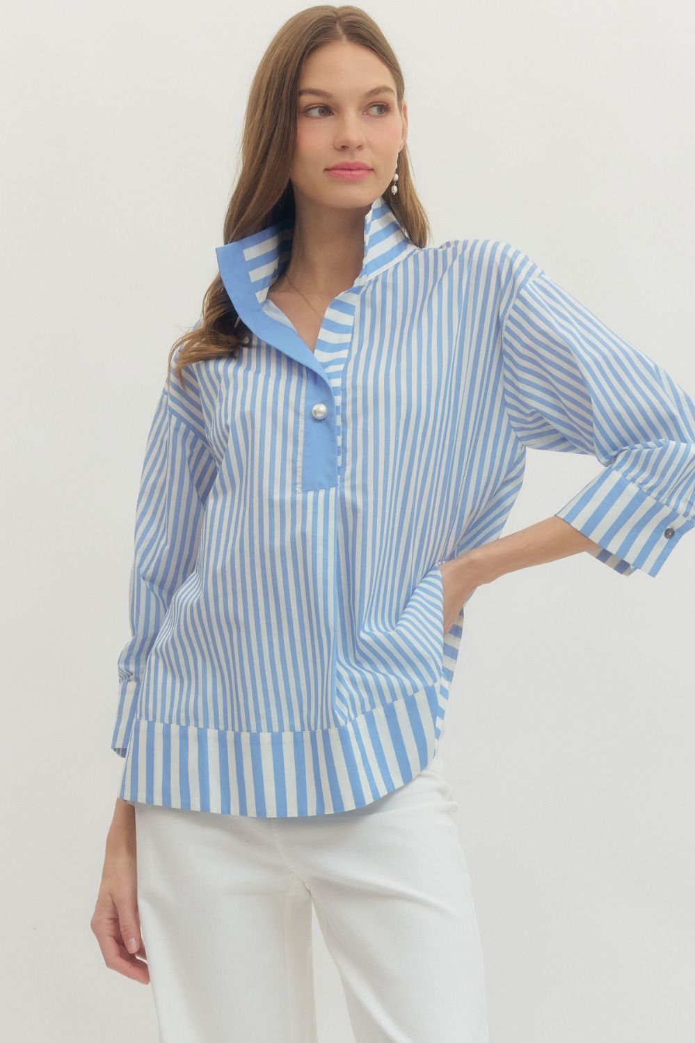 T28659 Stripped Single Pearl Button Shirt