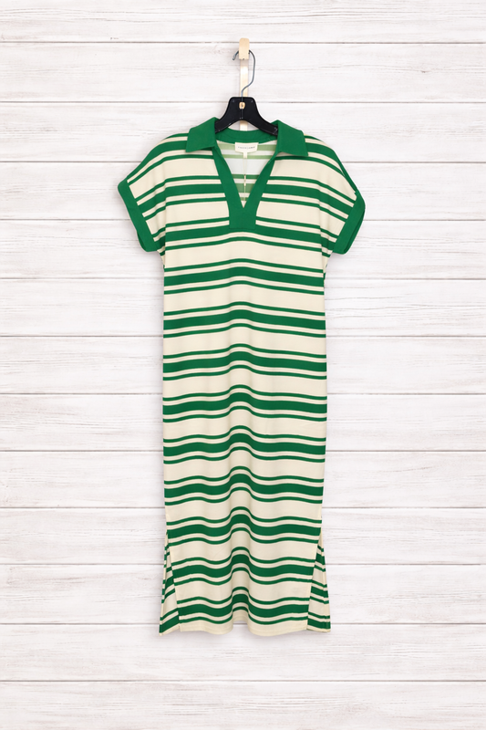 D30284 COLLARED V-NECK MIDI STRIPPED DRESS