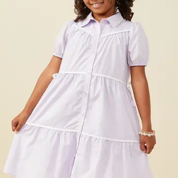 Girls Contrast Piping Ribbon Buttoned Dress