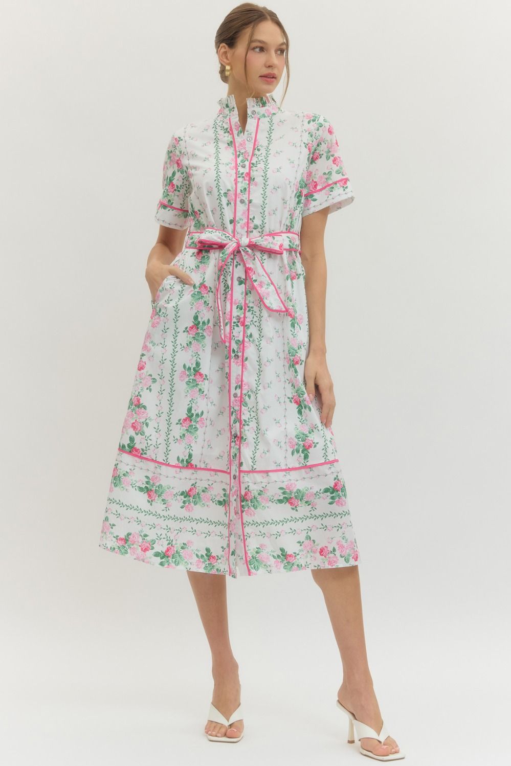 D29321 FLORAL MIDI DRESS TIE WAIST