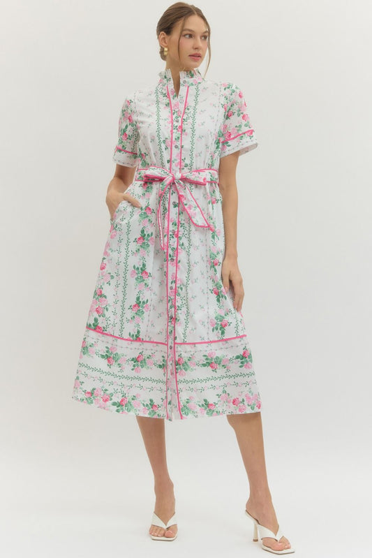 D29321 FLORAL MIDI DRESS TIE WAIST