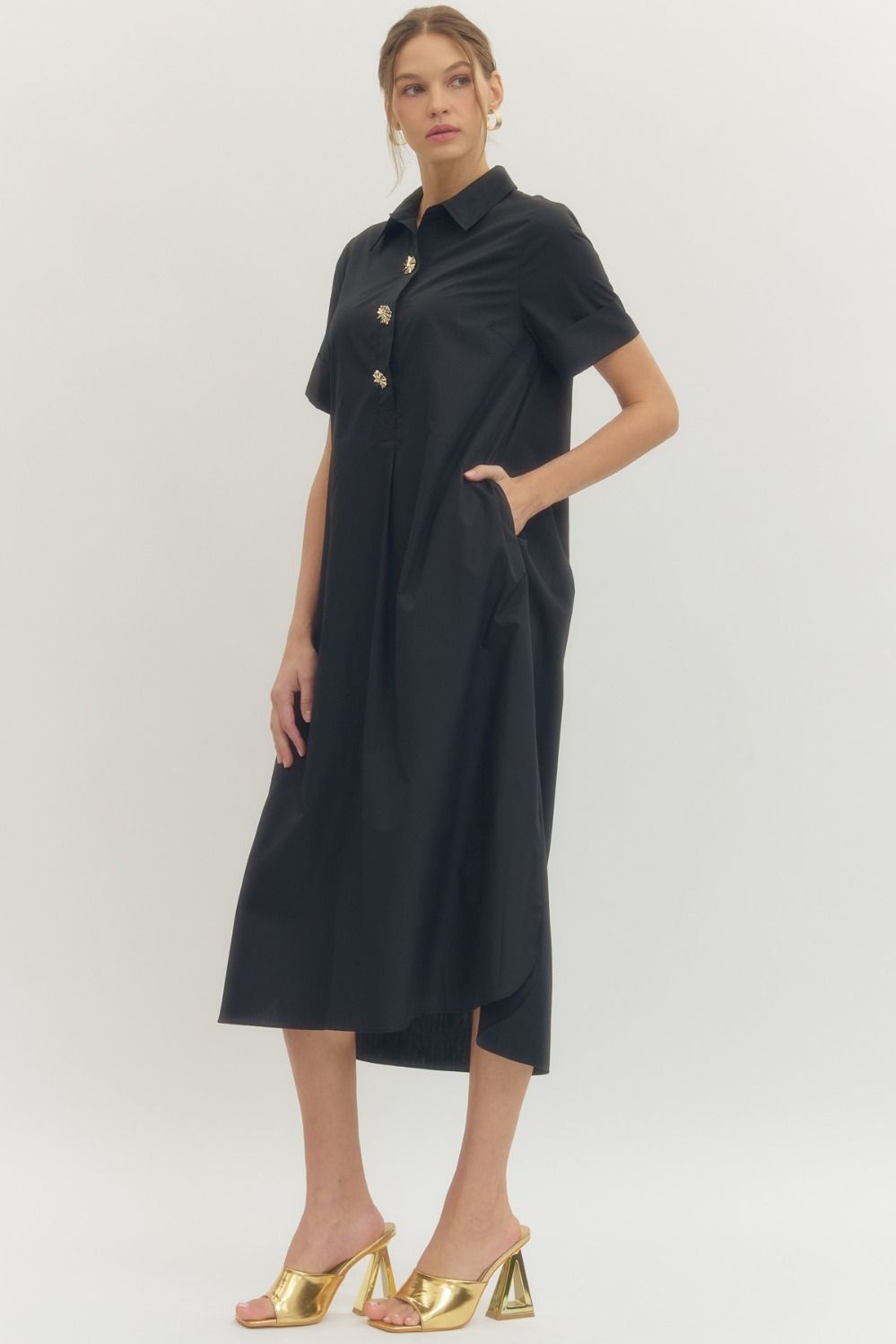 D29516 SHORT SLEEVE MIDI DRESS COLLAR W/POCKETS