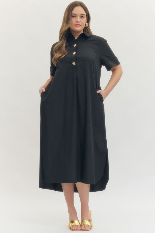 D29516P SHORT SLEEVE MIDI DRESS COLLAR W/POCKETS