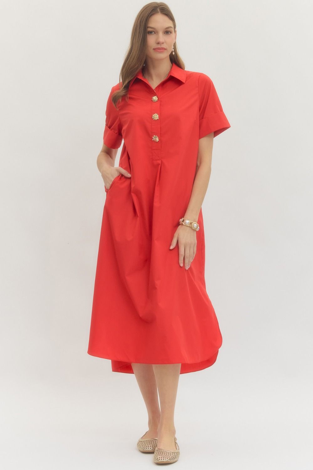D29516 SHORT SLEEVE MIDI DRESS COLLAR W/POCKETS