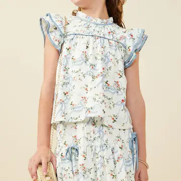 Girls Floral Ribbon Print Contrast Trim Top