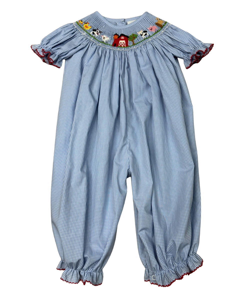 Lt. Blue Mini Check Smoked Farm Animal Ss Bishop Romper