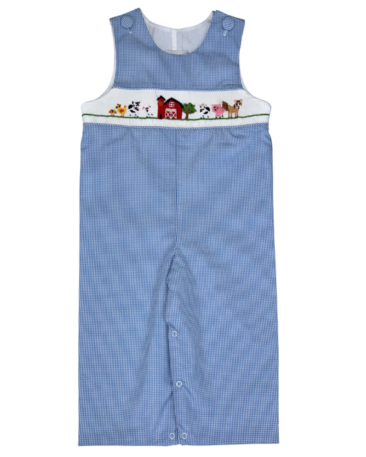 Long Jon Jon Lt. Blue Check Smocked Farm Animal & Barn