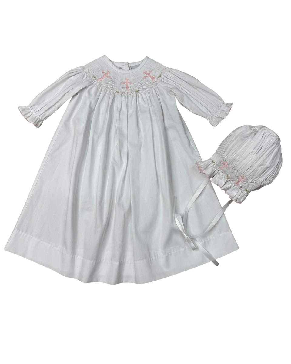 White LS Daygown Pink Smocked Cross & Bonnet