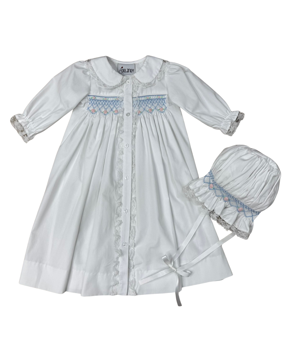 White Button Front Lace Daygown & Bonnet