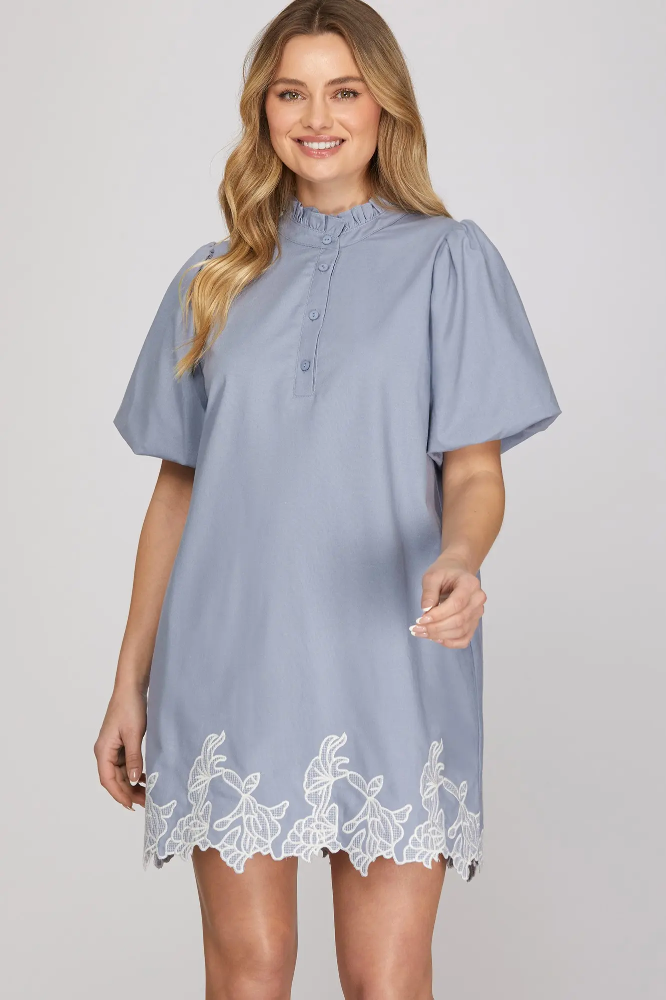 SHE & SKY BUBBLE SLEEVE LACE BOTTOM MINI DRESS
