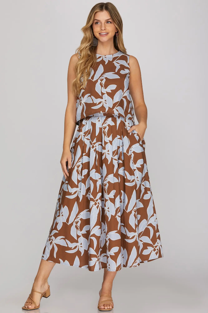 SHE & SKY FLORAL SLEEVELESS TOP W/ MIDI SKIRT SET