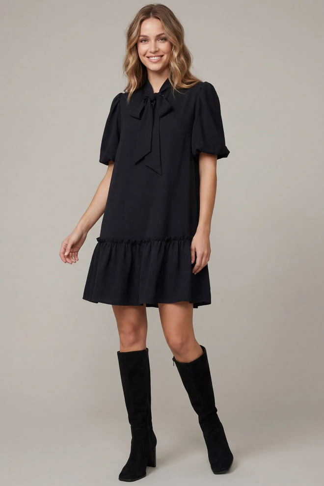 SHE & SKY BOW NECK MINI DRESS