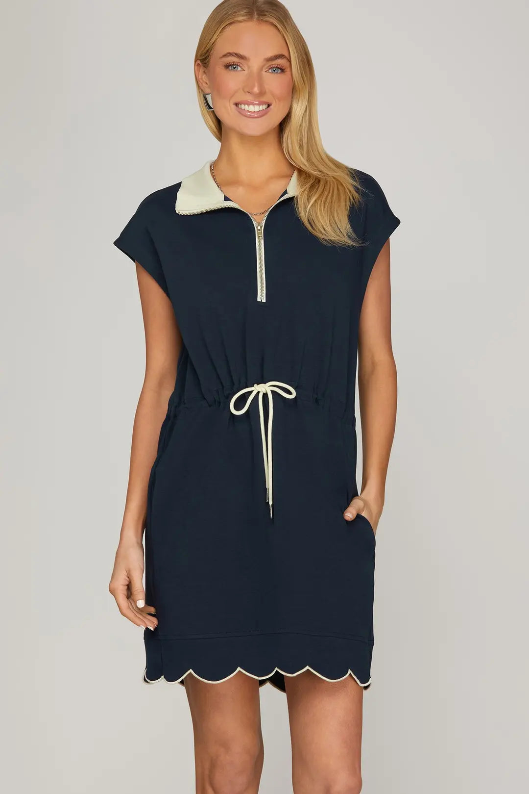 ST1096 HALF ZIP DRAWSTRING SCALLOP HEM SCUBA DRESS W/ POCKETS