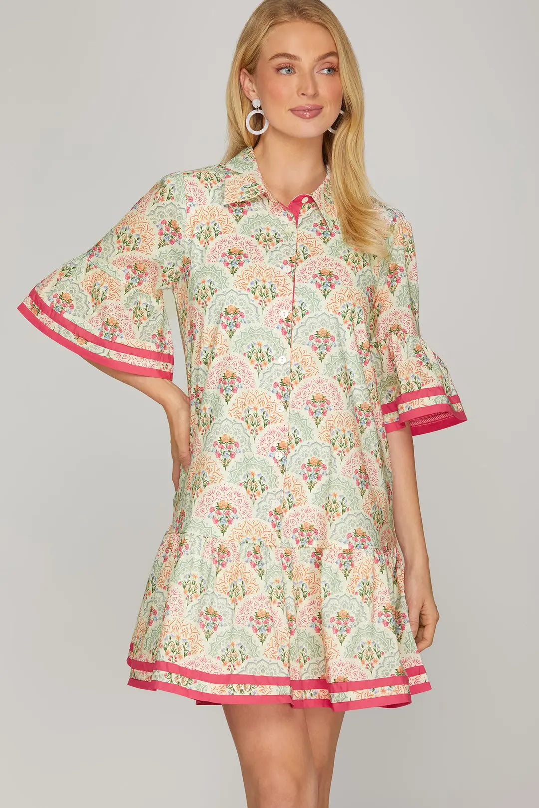 ST1120 BELL SLEEVE BUTTON DOWN DRESS W/ POCKETS