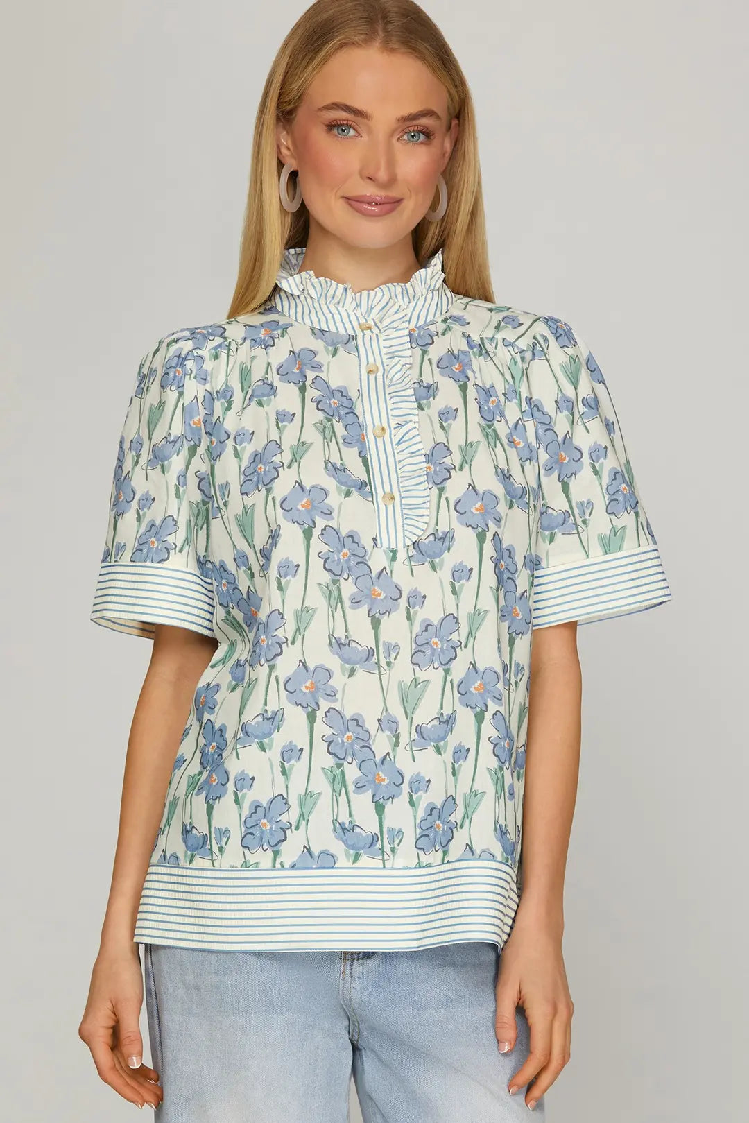 ST1228  CONTRAST RUFFLE FLORAL TOP