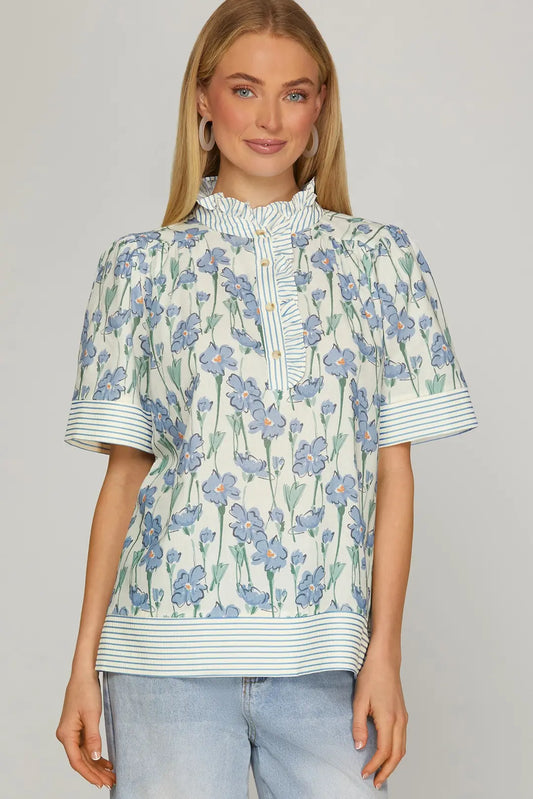ST1228  CONTRAST RUFFLE FLORAL TOP