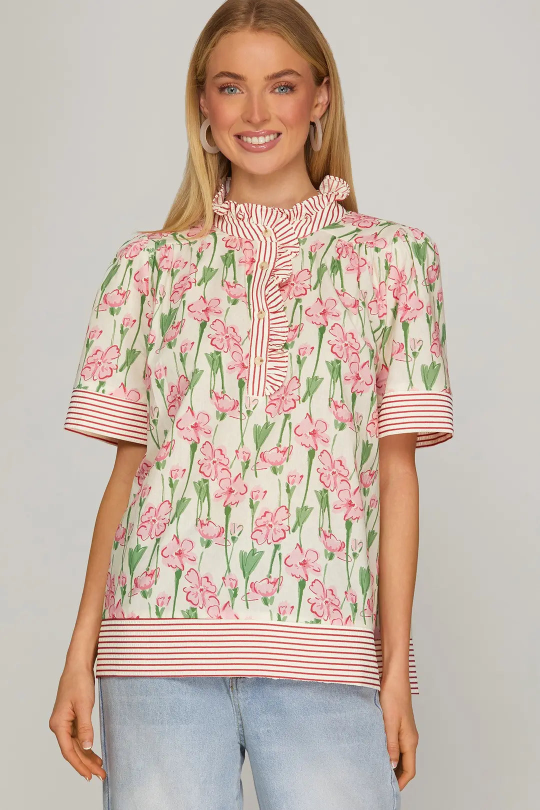 ST1228  CONTRAST RUFFLE FLORAL TOP