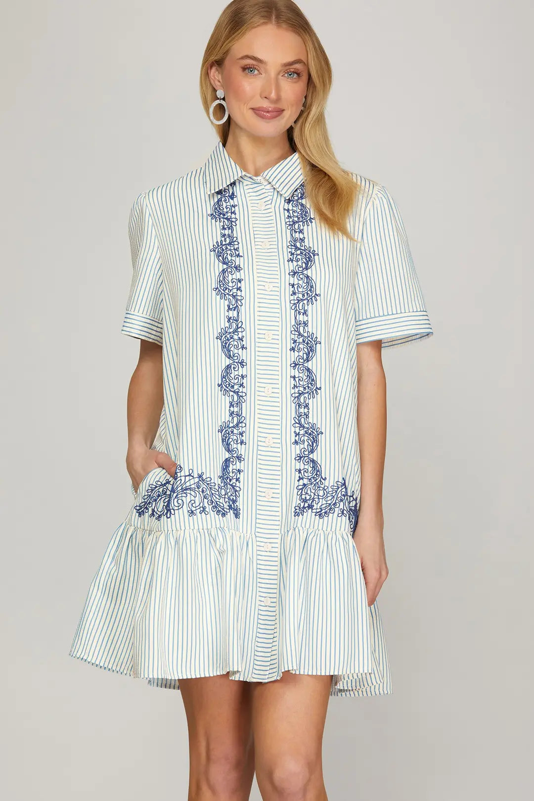 ST1257 EMBROIDERED STRIPE MINI DRESS