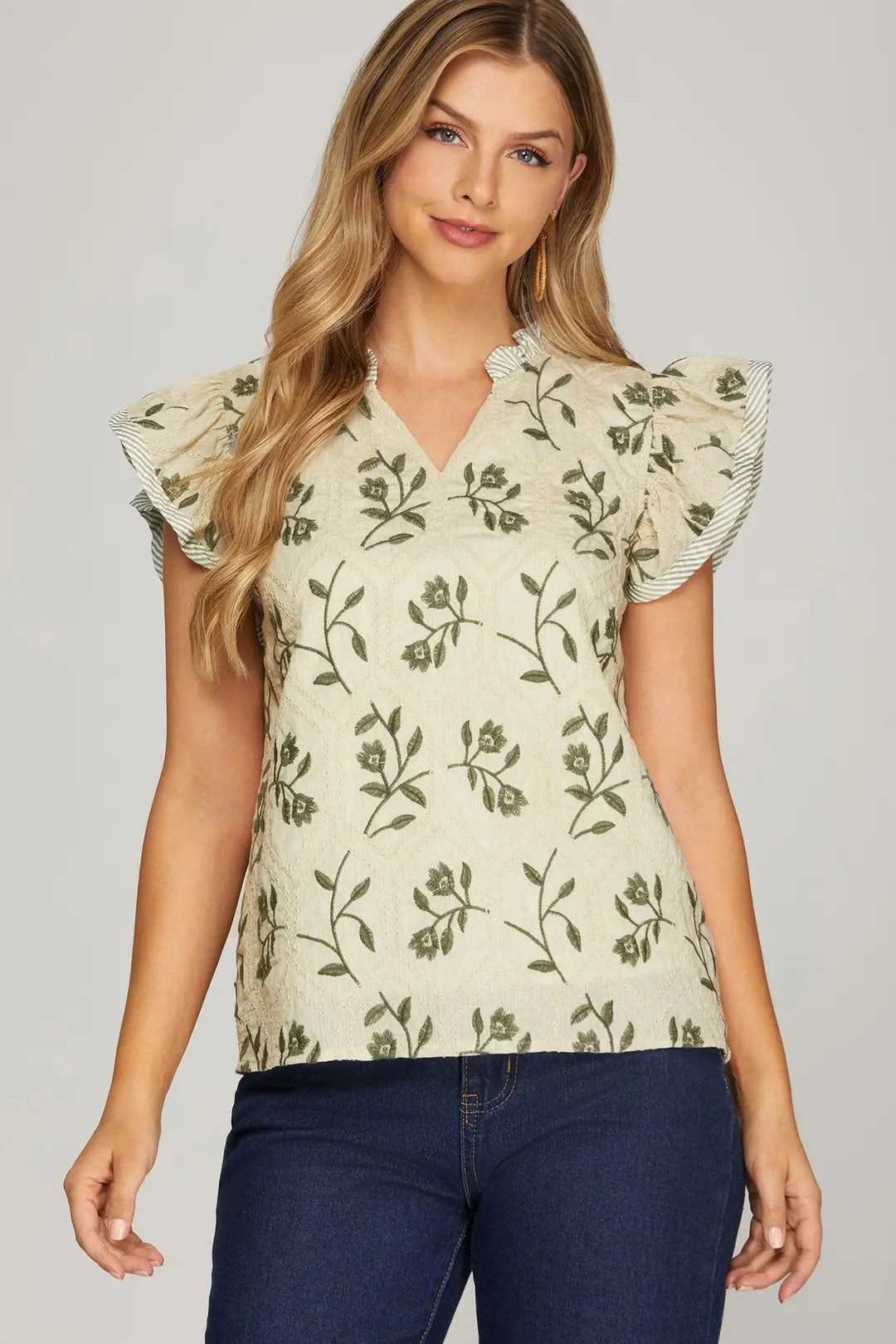 ST1376 FLUTTER SLEEVE EMBROIDERED TOP