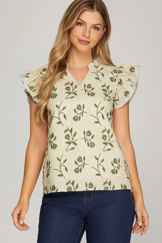 ST1376 FLUTTER SLEEVE EMBROIDERED TOP