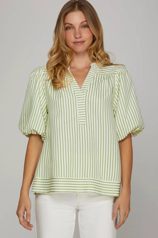SY7821 BUBBLE SLEEVE STRIPED WOVEN TOP
