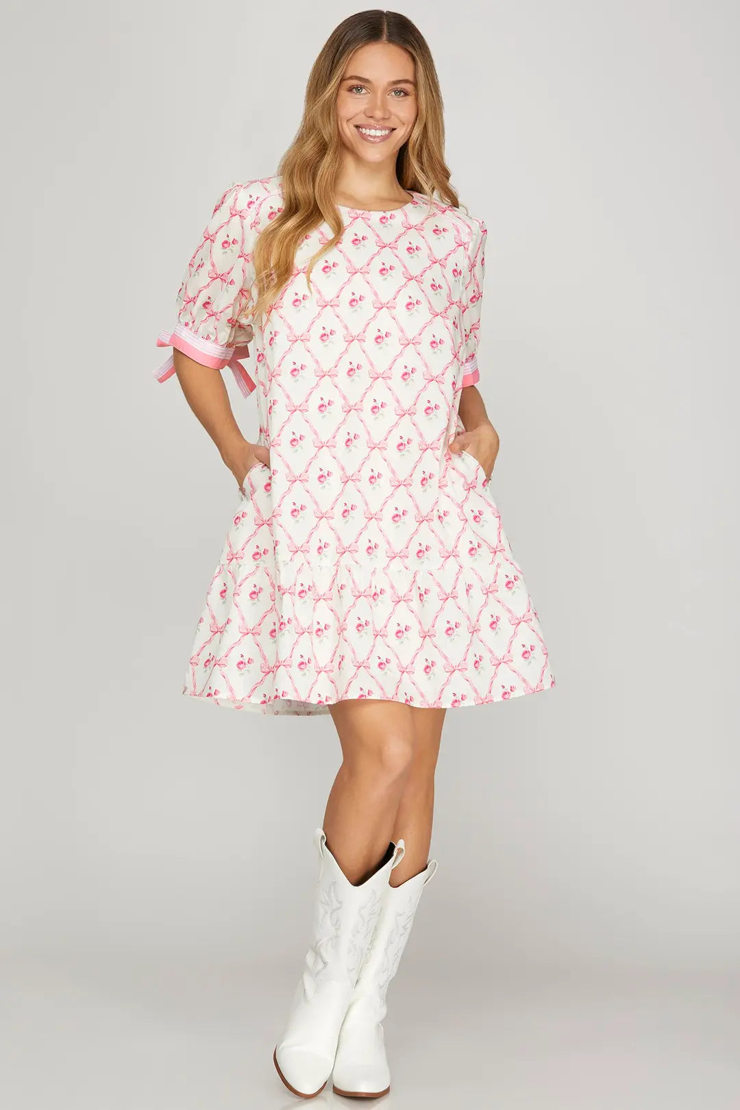 SY9097  TIED SLEEVE MINI DRESS WITH POCKETS