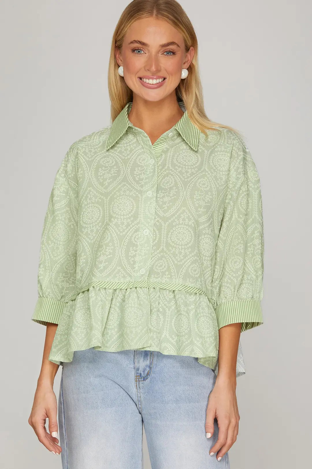 SY9918 3/4 SLEEVE BUTTON DOWN TOP