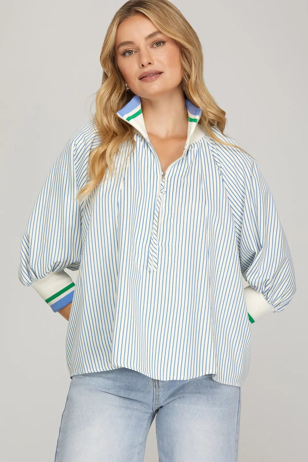 SY9923 3/4 SLEEVE HALF ZIP STRIPED TOP