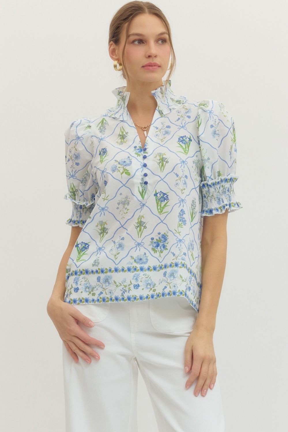 T28224 BOTANICAL PRINT PUFF SLEEVE V-NECK TOP