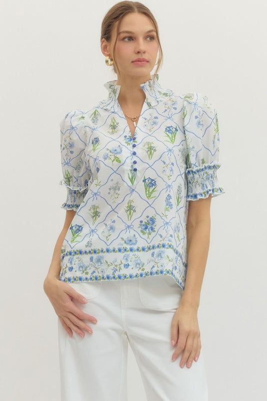 T28224 BOTANICAL PRINT PUFF SLEEVE V-NECK TOP