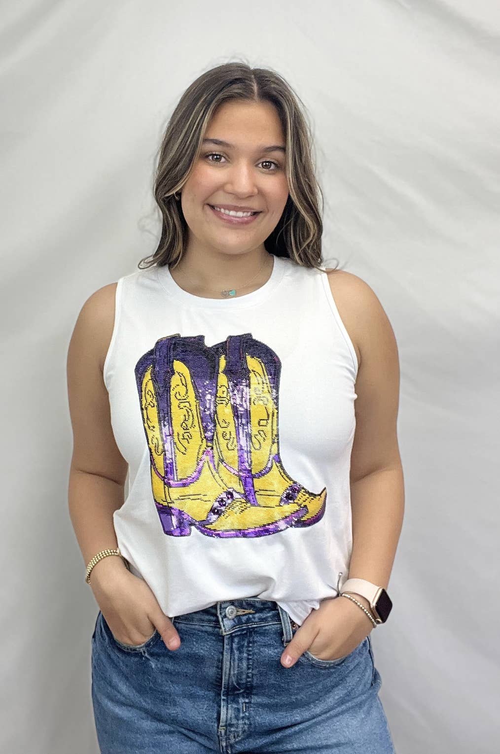 Purple and Gold Sequin Cowboy Boot Tank Top