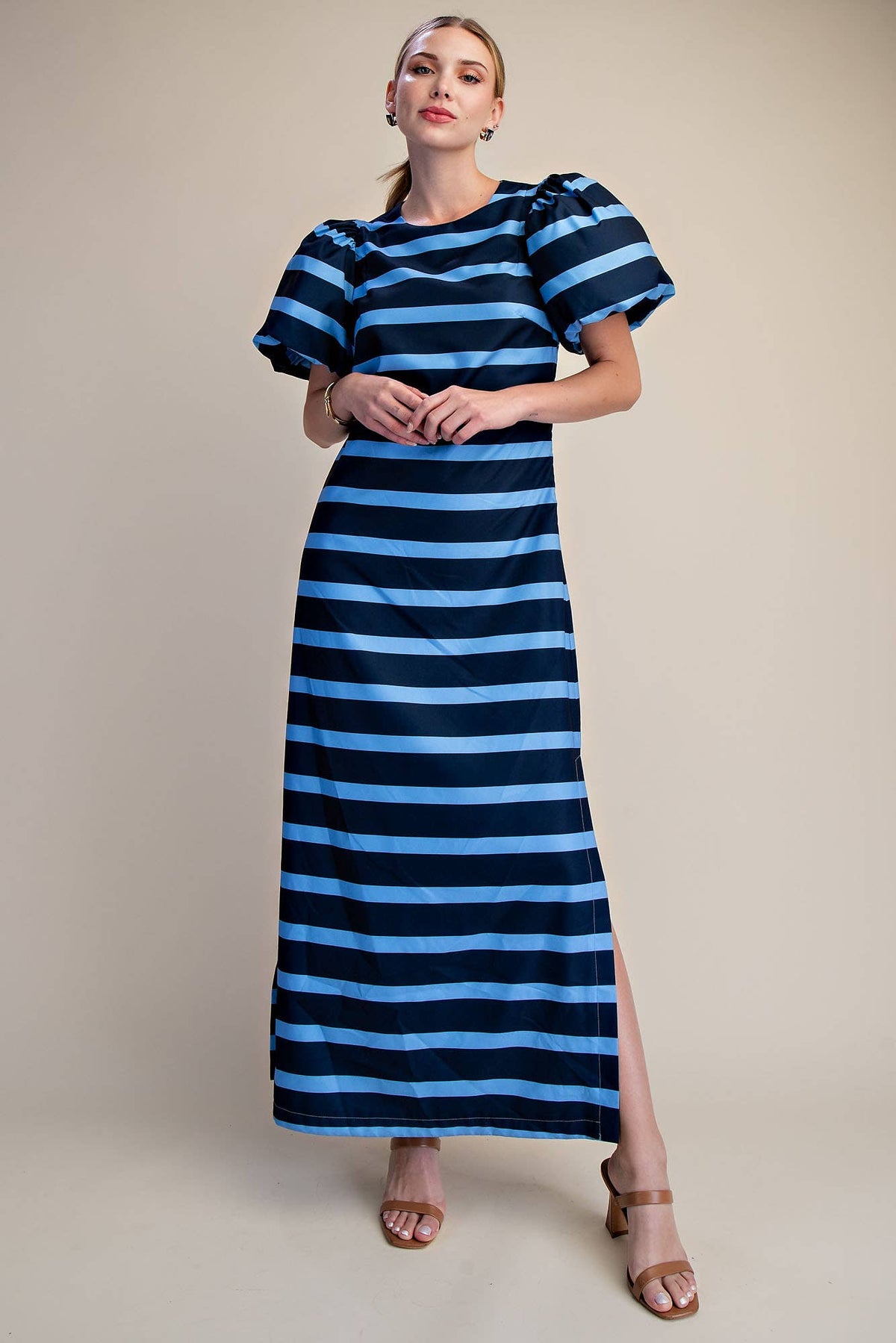 Maxi Dress Puff-Sleeve A-Line Side Slit