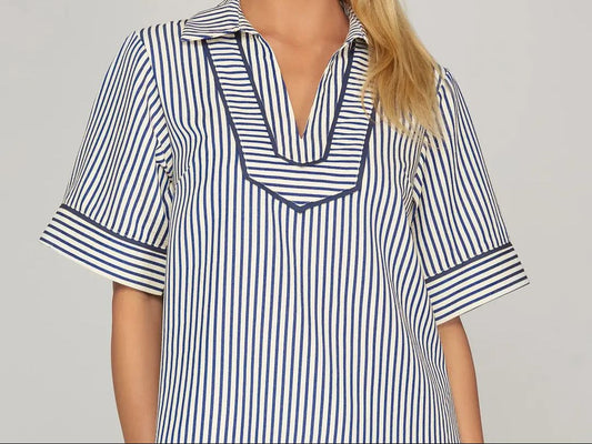 ST1145 COLLARED STRIPED WOVEN TOP W/ CONTRAST PIPING