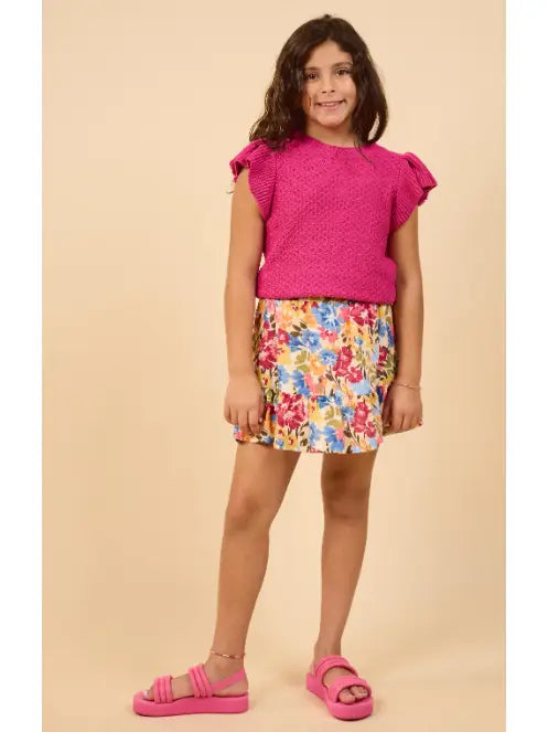 Tween Pearl Ruffle Cap Slv Sweater : BERRY